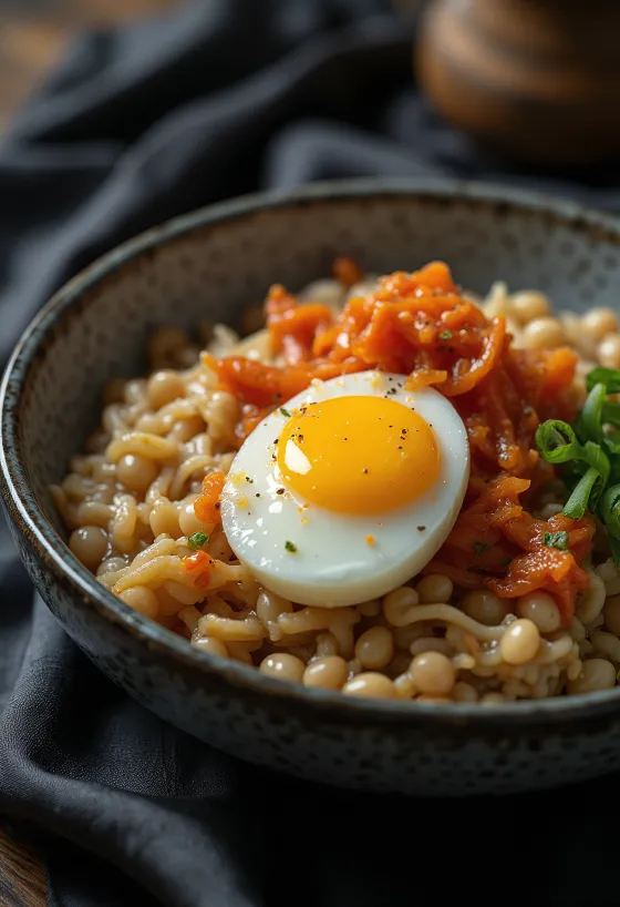 Natto s kimčijem, postrežen z mehkim jajcem in svežim koriandrom
