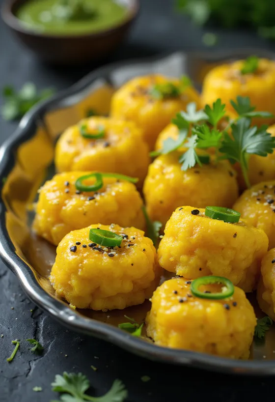 Nylon khaman dhokla, postrežena s svežim koriandrom in začinjenim prelivom