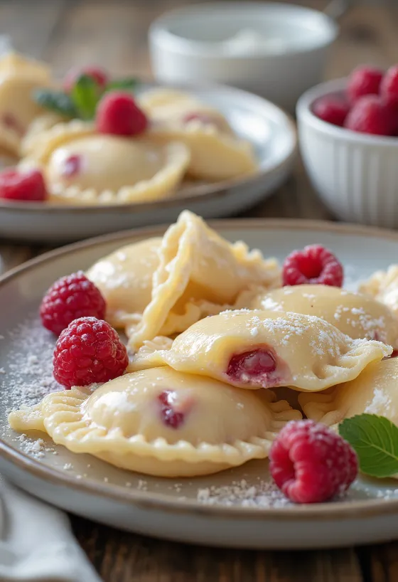 Ravioli z belo čokolado in malinami postreženi
