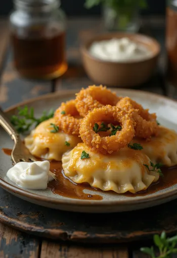 Pierogi z mesnim nadevom, postreženi z mesnim nadevom in praženo čebulo