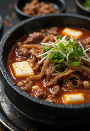 Tradicionalni Yukgaejang, začinjena goveja juha z zelenjavo