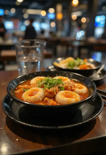 Kimči tteokbokki - korejski riževi kolački, postreženi z začinjenim kimčijem in sezamom