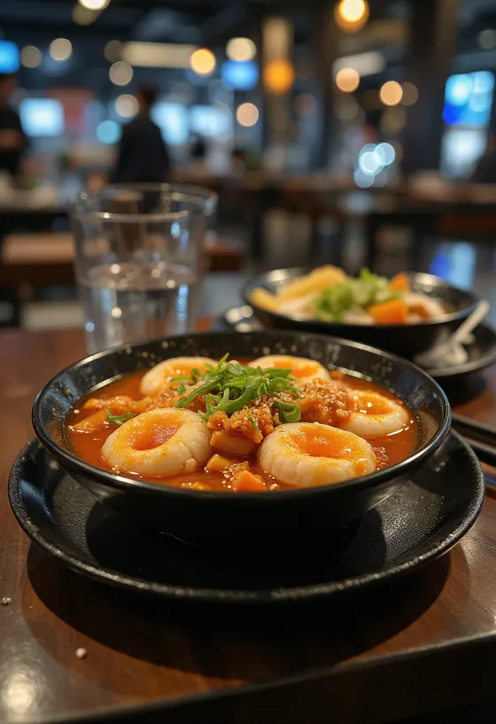 Kimči tteokbokki - korejski riževi kolački, postreženi z začinjenim kimčijem in sezamom