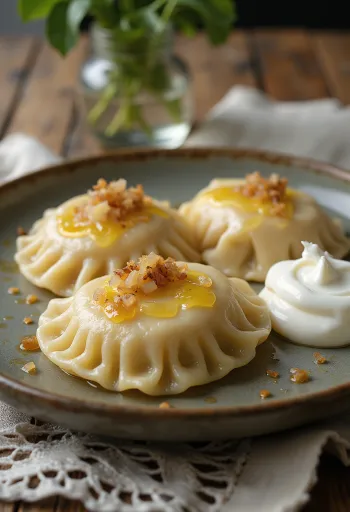 Pierogi z zeljem, postreženi zeljnim nadevom in praženo čebulo