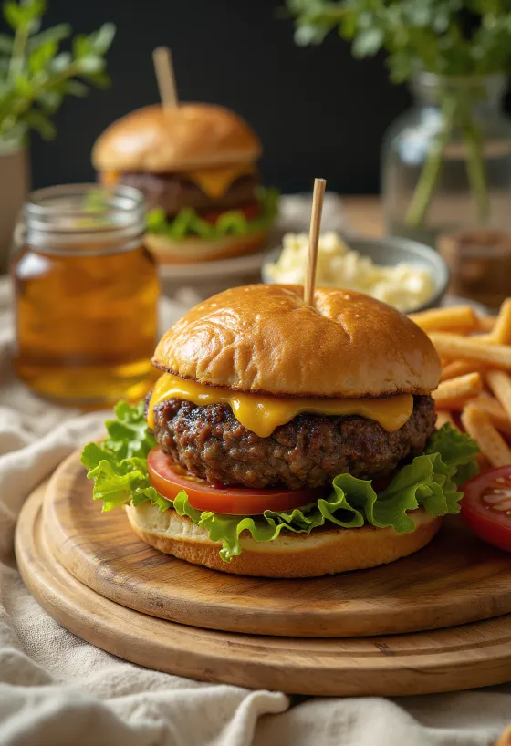 Burger iz tjulnjevega mesa, postrežen s solato, paradižnikom in majonezo.