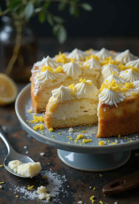 Klasična skutina torta, posuta s sladkorjem v prahu