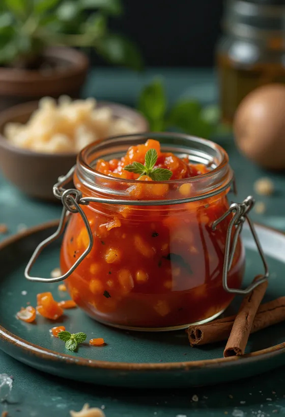 Čili chutney v kozarcu, pekoča omaka bogate rdeče barve