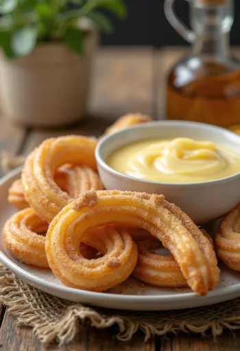 Čurosi z vanilijevo kremo, postreženi s čokoladno omako