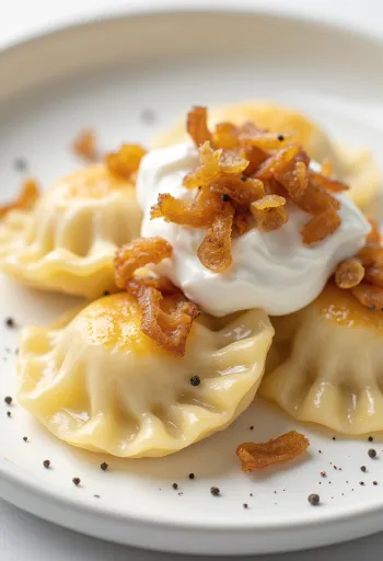 Pierogi s kislo smetano, postreženi s skutno-kislo smetanovim nadevom