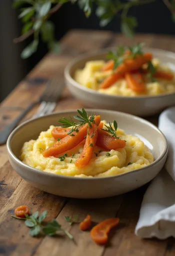 Kremna polenta postrežena s pečenim korenjem, v svežem in rustikalnem stilu