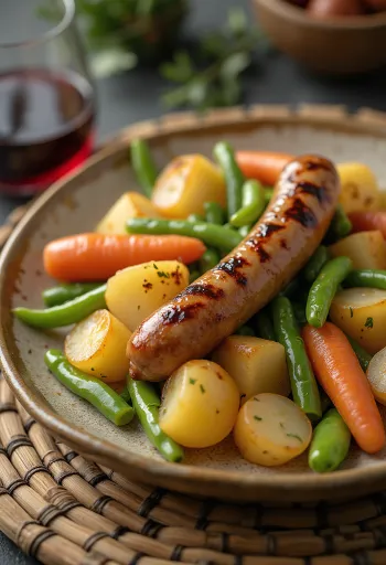 Alheira s kuhano zelenjavo, hrustljava klobasa in sveža zelenjava