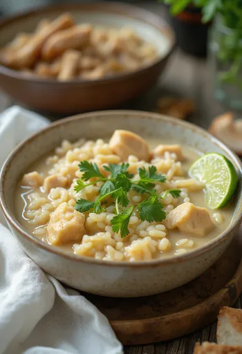 Arroz Caldo s kokosovim piščancem, postrežen s svežim koriandrom