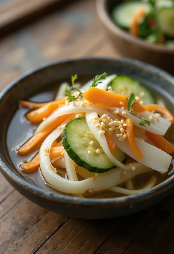 Sladko-kisli tsukemono postrežen v plitvi posodi