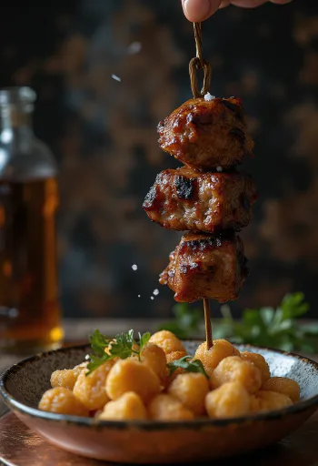 Espetada iz govedine in lovorovim listom, postrežena nabodala z žara