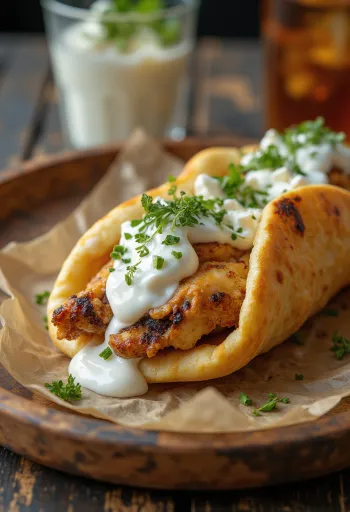 Gyros sendvič s pečenim piščancem, svežo zelenjavo in tzatziki omako
