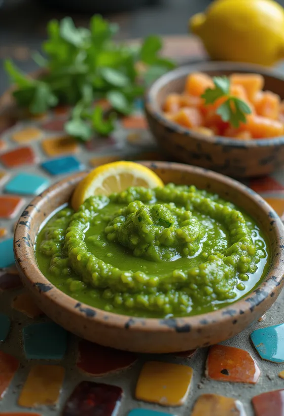 Koriandrov chutney postrežen, sveža zelena omaka