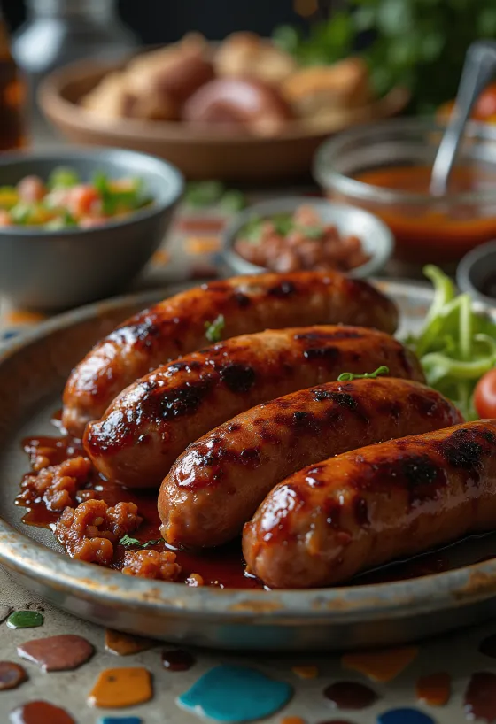 Postrežena prekajena BBQ klobasa s chipotle omako