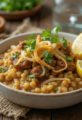 Haleem s praženo čebulo, postrežen z bogatimi začimbami in svežim koriandrom