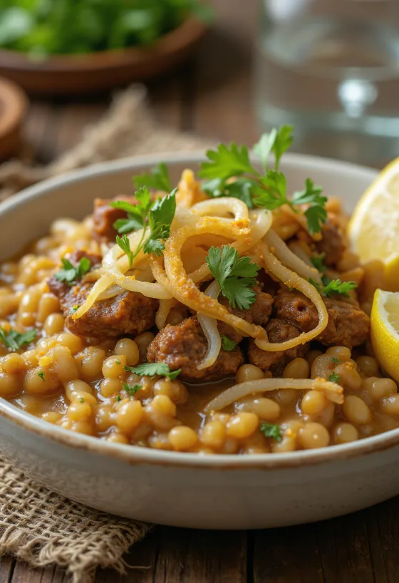 Haleem s praženo čebulo, postrežen z bogatimi začimbami in svežim koriandrom