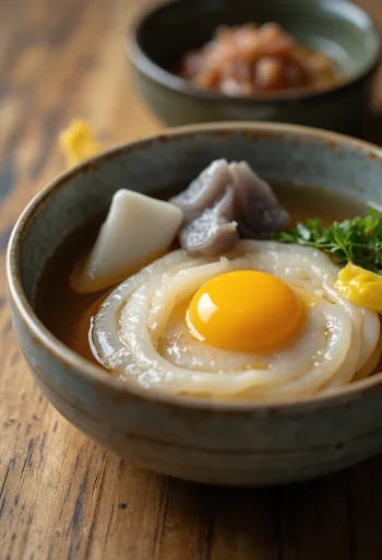 Oden s konnyakujem, bogata japonska juha, postrežena s svežo zelenjavo in jajcem