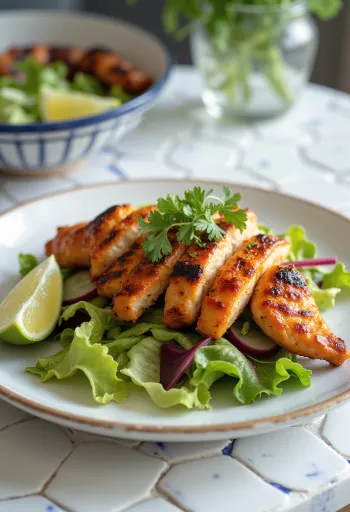 Solata s tandoori piščancem, pečeno piščančje meso s kumarami in rezinami rdeče pese