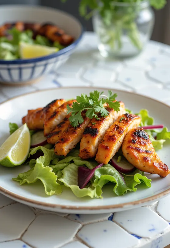 Solata s tandoori piščancem, pečeno piščančje meso s kumarami in rezinami rdeče pese