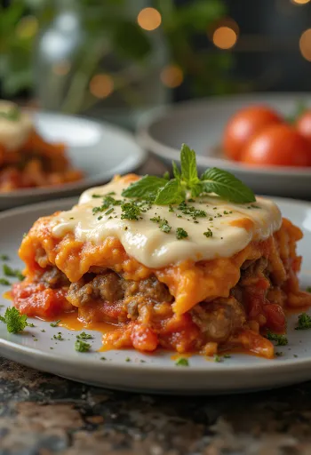 Moussaka s paradižnikom, mesnimi in skutnimi plastmi