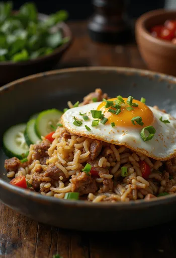Nasi Goreng z govedino in jajcem na oko