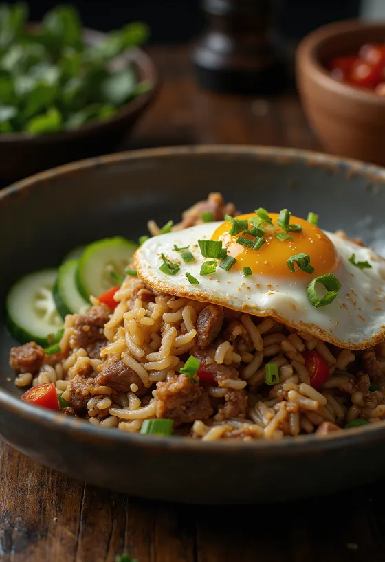 Nasi Goreng z govedino in jajcem na oko