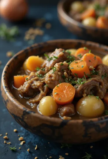 Veveričja obara, postrežena v rustikalni skledi s svežim kruhom.