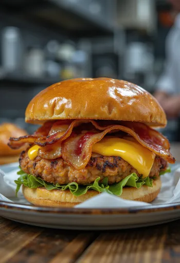Piščančji club burger s hrustljavo slanino in pečenim piščancem