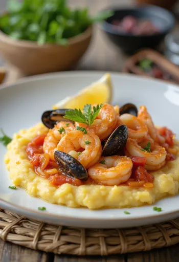 Polenta z morskimi sadeži, kremna osnova postrežena z mešanico morskih sadežev