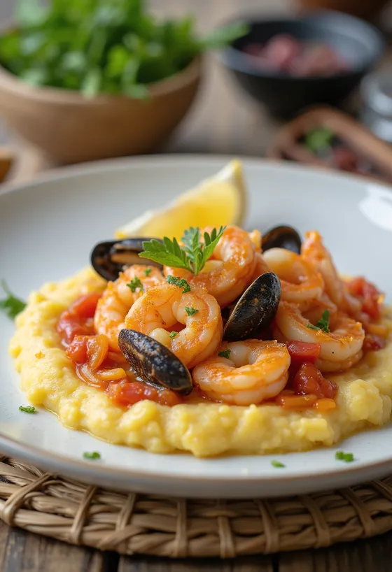 Polenta z morskimi sadeži, kremna osnova postrežena z mešanico morskih sadežev