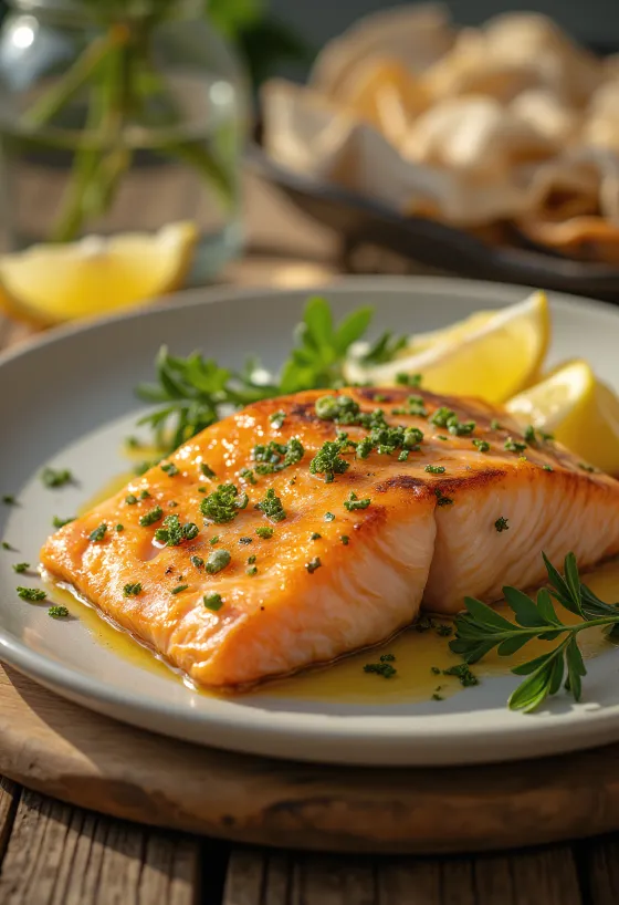 File pečenega lososa s hrustljavo kožo, okrašen z rezinami limone