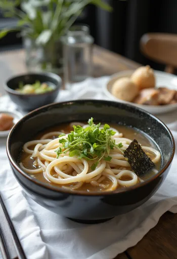 Bukkake udon s hladnimi udon testeninami, v dashi juhi, s svežo zelenjavo