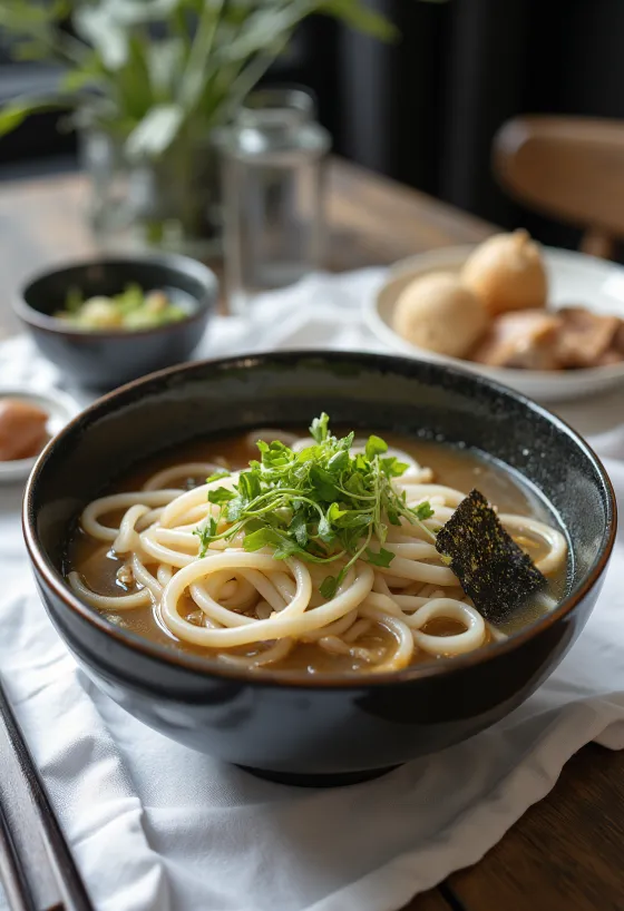 Bukkake udon s hladnimi udon testeninami, v dashi juhi, s svežo zelenjavo