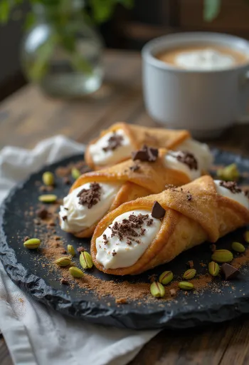 Cannoli s cimetovim polnilom, okrašeni s pistacijami in temno čokolado