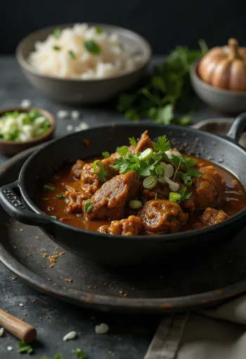 Curry goat s česnom, pripravljen s kokosovim mlekom, postrežen s svežim koriandrom