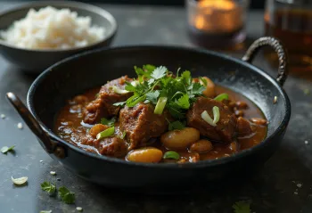 Curry goat s česnom, pripravljen s kokosovim mlekom, postrežen s svežim koriandrom