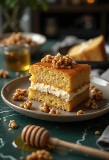 Orehova torta z medom, postrežen