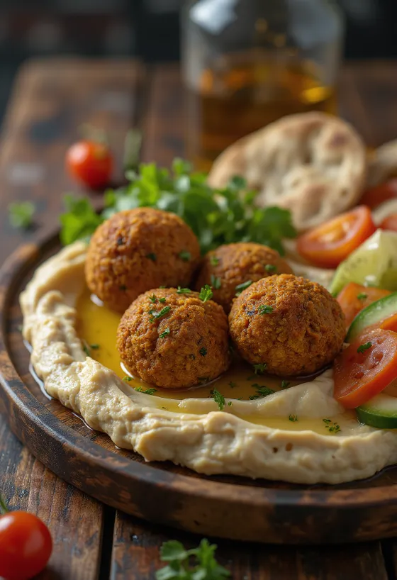 Svež meze krožnik s falaflom, humusom, feta sirom in zelenjavo