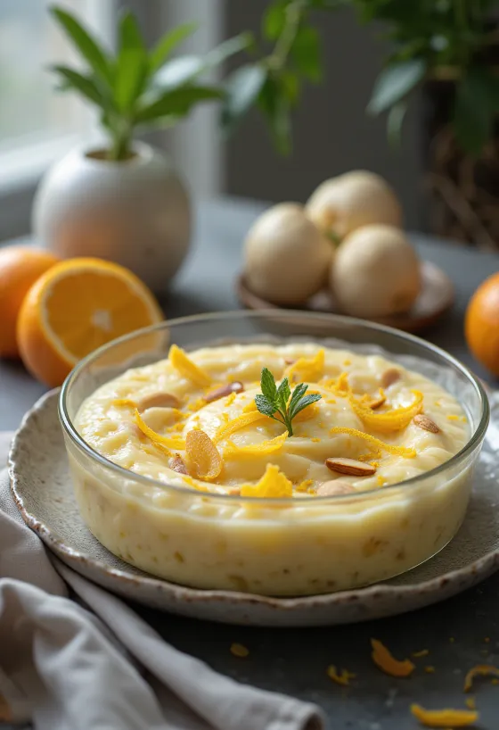 Rasmalai s pomarančno lupinico, okrašen z mandlji, sveža in bogata sladica.