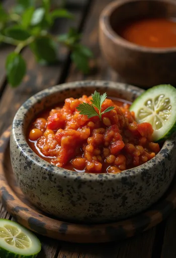 Sambal tomat, pikantna paradižnikova omaka, postrežena s svežim koriandrom