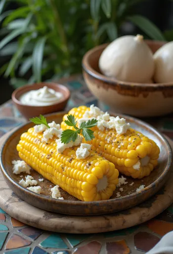 Sveža koruza, postrežena s feta sirom, kislo smetano in začinjeno papriko