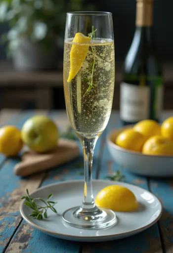 Italijanski prosecco cider v kozarcu, okrašen z vejico rožmarina