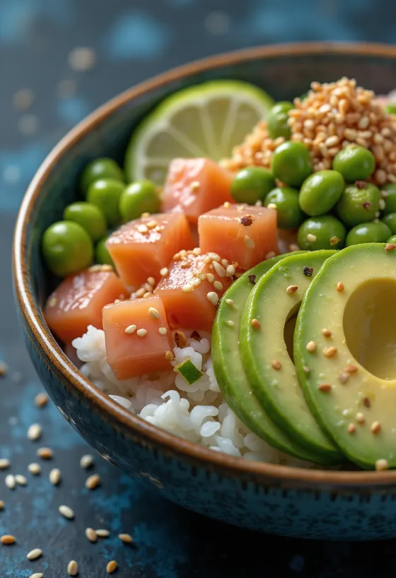 Poké bowl z edamame fižolom, svežim lososom in avokadom