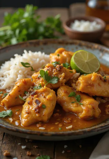 Rendang ayam postrežen s svežim koriandrom in prilogo
