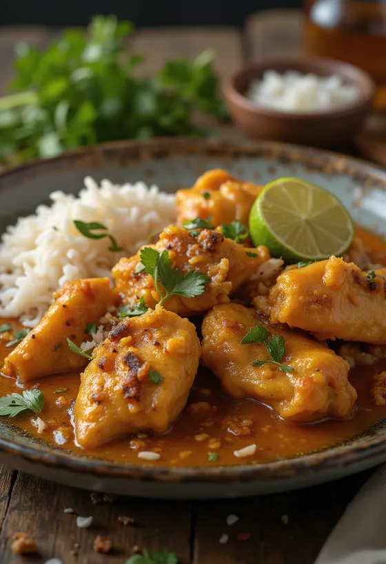 Rendang ayam postrežen s svežim koriandrom in prilogo