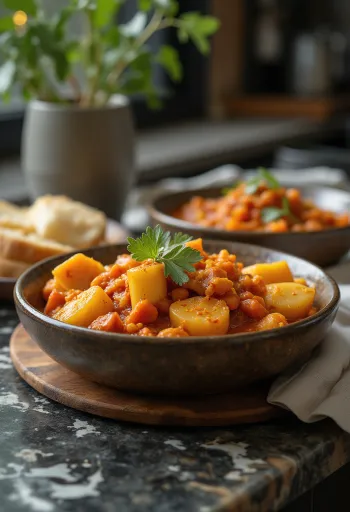 Rogan josh z zelenjavo, postrežen v začinjeni omaki