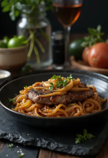 Bistec Encebollado postrežen s čebulo in prilogo